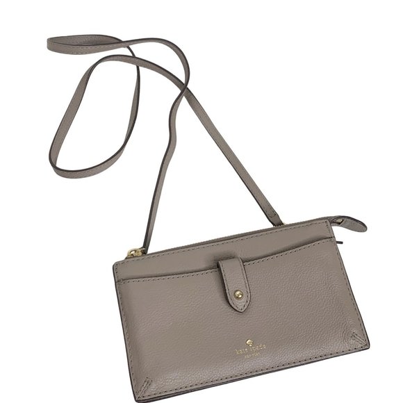 Kate Spade Beige Tan Crossbody Bag Purse Leather Zip Slots Gold Detachable Strap - Picture 2 of 12